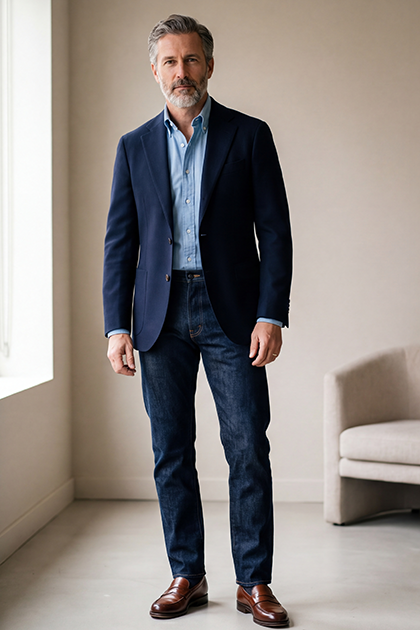 Het casual colbert voor heren dragen met een spijkerbroek